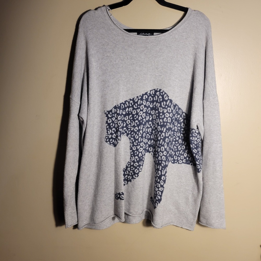 Charlie B Grey Leopard Cheetah Graphic Knit Sweater‎ Oversized XXL C2291-974A